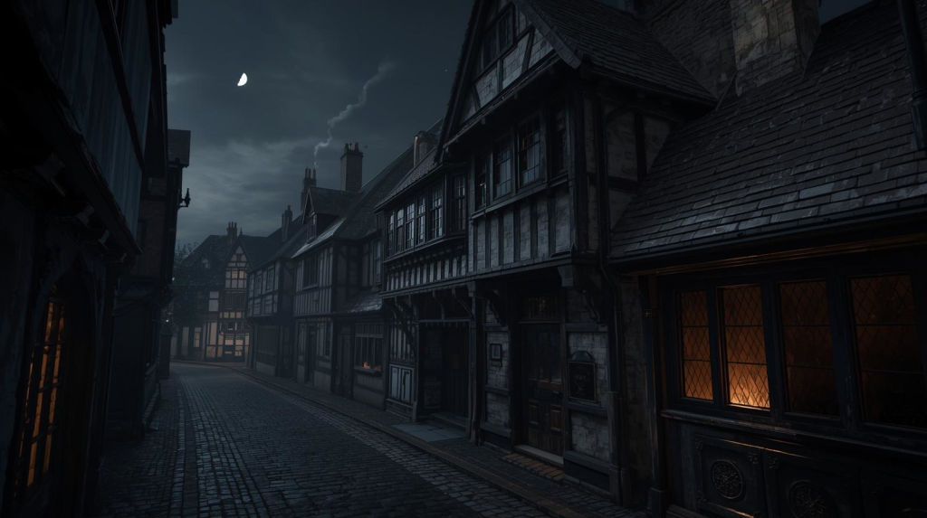 A highly detailed, photorealistic depiction of Pudding Lane in mid-17th Century London, rendered late at night in September 1666. A waxing half moon casts subtle light upon the cobblestone street, illuminating timber-framed buildings with steeply pitched roofs and projecting upper stories, adorned with small, leaded glass windows. The atmosphere is authentic and historical, capturing the essence of the city on the cusp of a significant event. Wisps of smoke and faint orange light emanate from the ground floor of a nearby building, signaling the very beginning of a fire, yet it has not yet begun to spread.